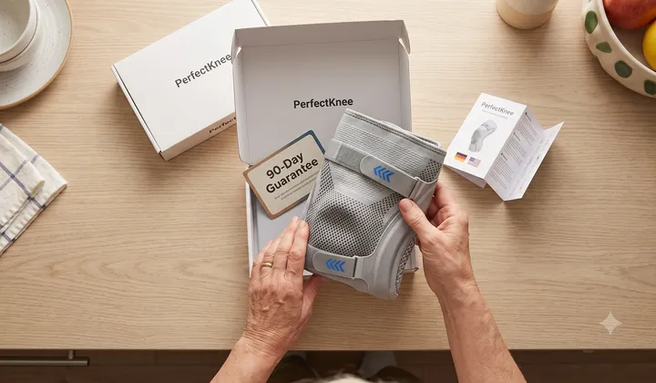 PerfectKnee unboxing: sleeve, guarantee card, and instruction guide in shipping box
