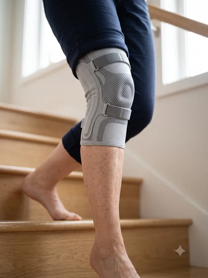 Senior woman descending stairs wearing PerfectKnee sleeve — no rolling or sliding visible