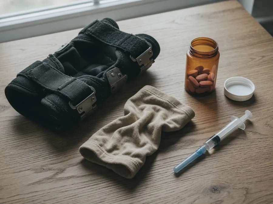Collection of failed knee pain solutions — bulky brace, elastic sleeve, painkillers, cortisone syringe