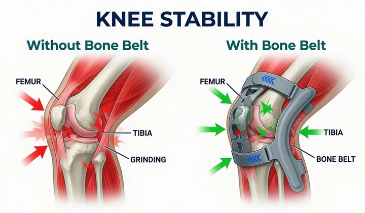 Diagram: How the bone belt stabilizer holds joint bones in proper alignment to stop grinding
