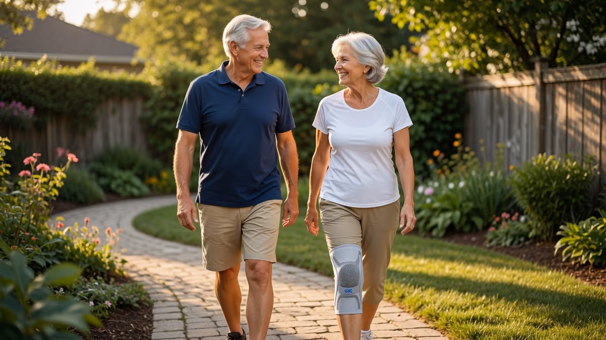 Active senior couple walking comfortably in their garden, woman wearing a slim knee compression sleeve