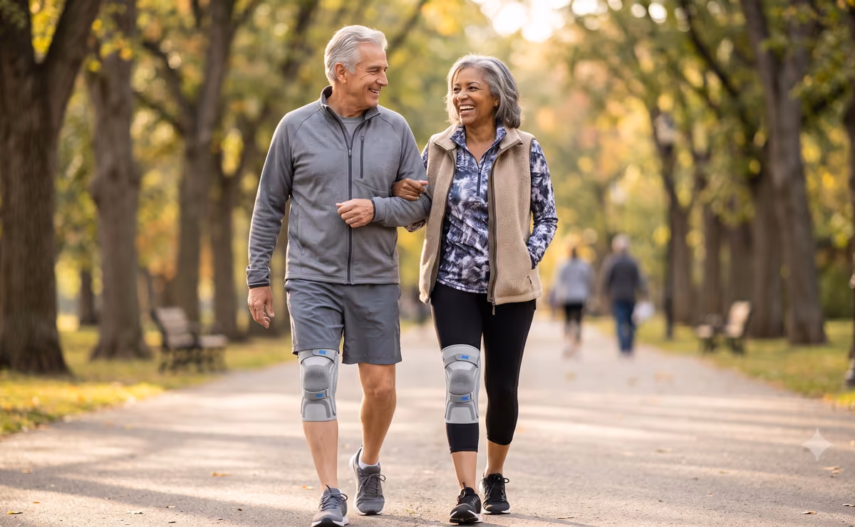 Active senior couple walking comfortably outdoors — woman wearing the PerfectKnee hybrid knee sleeve