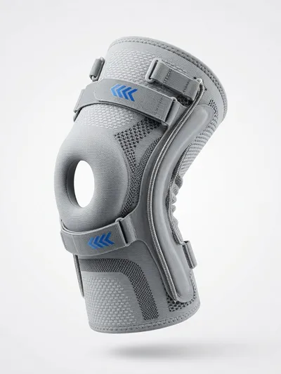 PerfectKnee sleeve worn on a senior's leg, showing pull-ring straps and slim profile