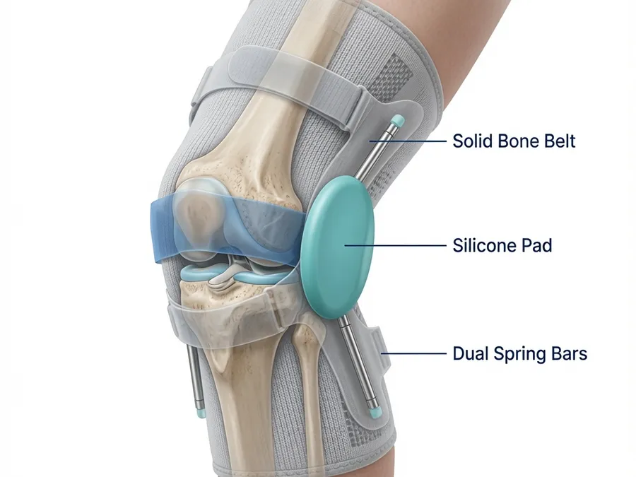 Medical diagram showing PerfectKnee's solid bone belt, silicone pad, and spring bars stabilizing the knee joint