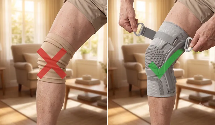 Side-by-side: generic knee sleeve rolled down vs PerfectKnee locked securely in place