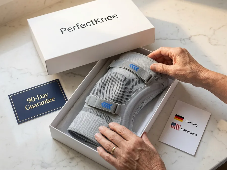 PerfectKnee unboxing — light gray knee sleeve, guarantee card, and instruction guide in shipping box